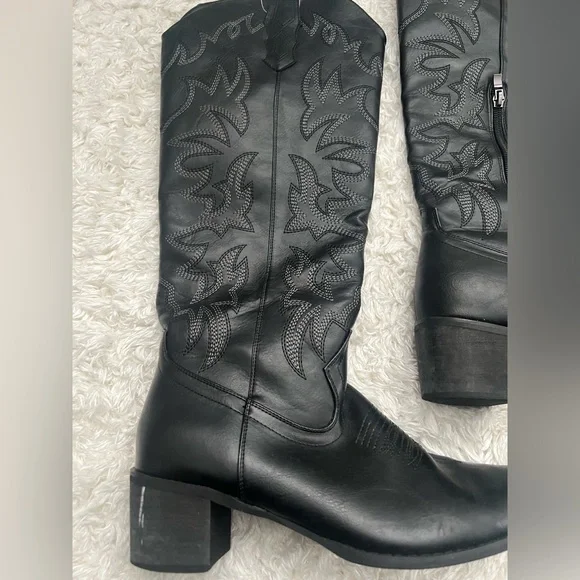 Black Western Embroidered Knee High Cowboy Boots Pointed Toe Festival Boots - Picture 7 of 16